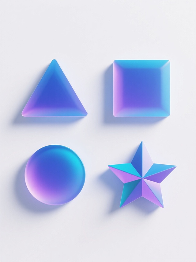 纯白纯色背景上，四个具有相同立体3D风格的几何元素规整排布，整体呈现现代简约的设计感。每个元素均采用光滑表面与渐变色彩处理，主色调为蓝色系并带有紫色和青色的虹彩光泽过渡，高光区域明亮且边缘锐利，阴影部分柔和自然以增强立体感。第一个元素为正三角形，第二个元素为正方形，第三个元素为圆形，第四个元素为五角星，所有元素大小一致，在画面中呈田字格形式均匀分布，保持统一的光影效果和材质质感，共同构成一个系列化的几何图形集合。