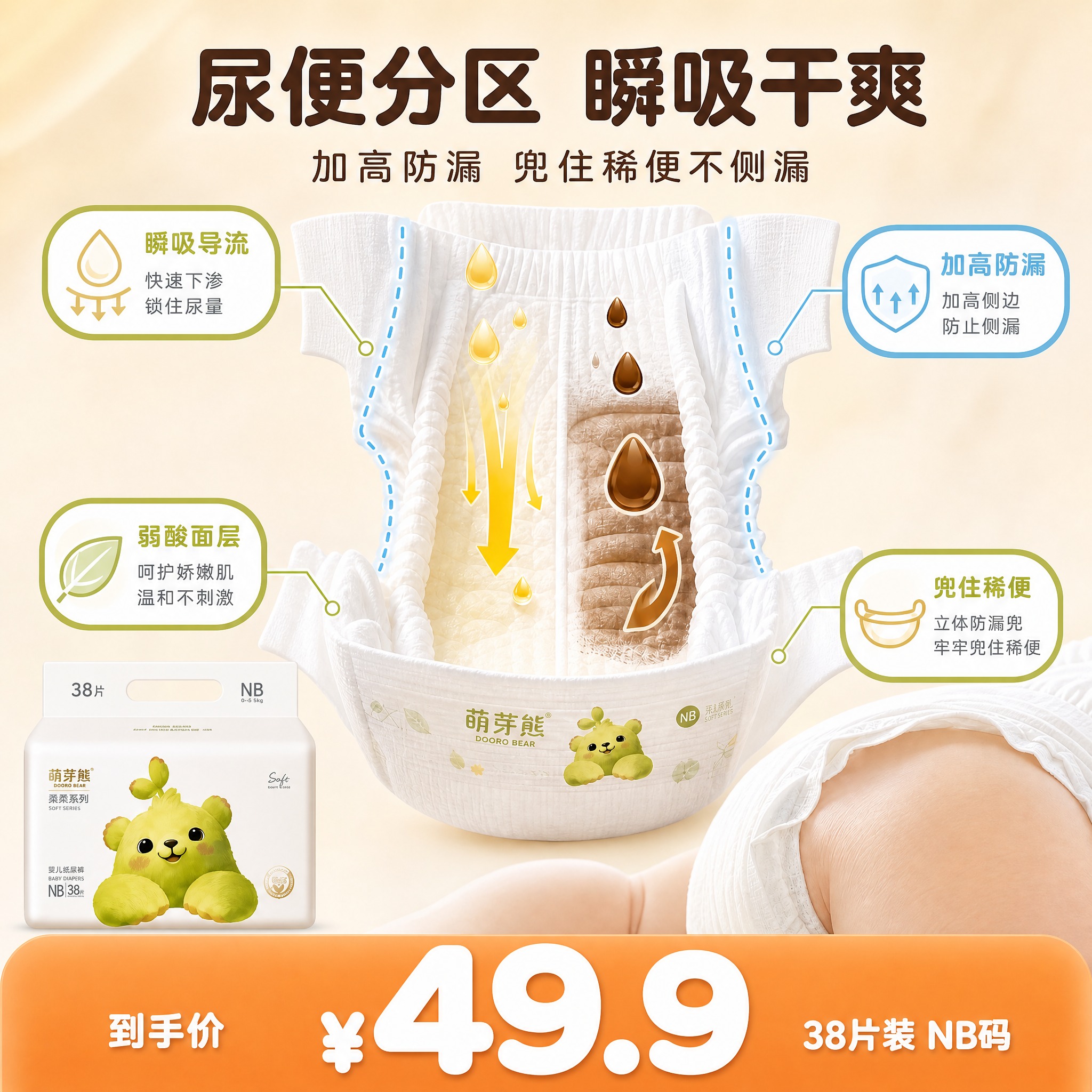 [主图-5] 萌芽熊柔柔系列纸尿裤NB码 尿便分区瞬吸干爽结构… - 图片创意预览