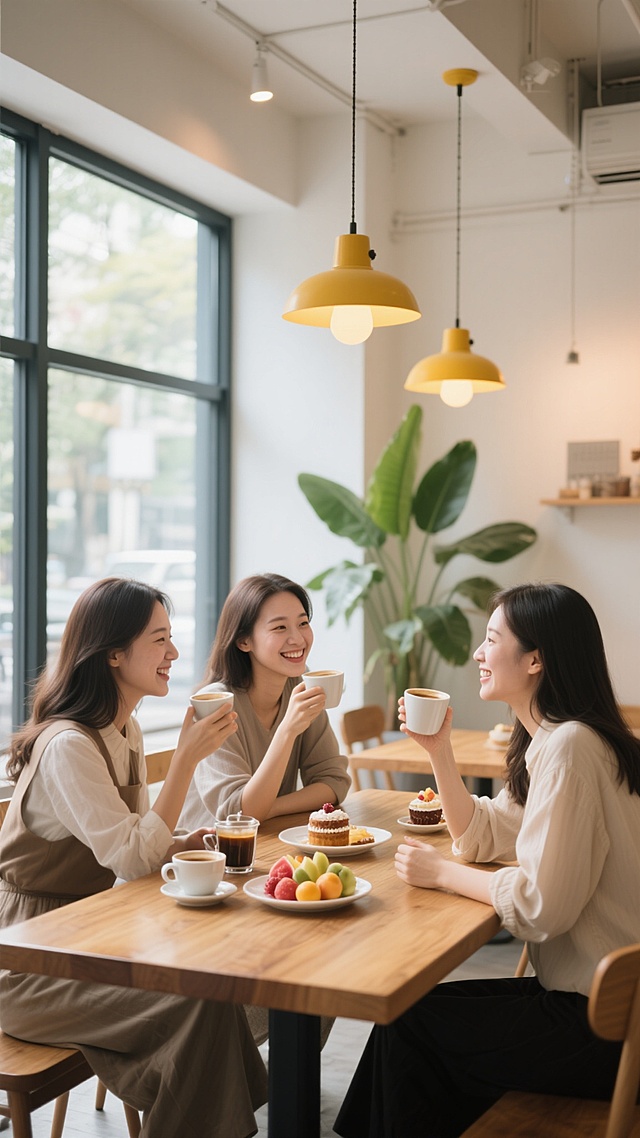 写实风格摄影，明亮温暖的室内咖啡馆场景，柔和的自然光从大面积玻璃窗洒入，照亮整个空间，三位于25-35岁之间的女性围坐在原木餐桌旁愉快交谈，她们手持咖啡杯与甜点，脸上洋溢着自然真挚的笑容，餐桌摆放着精致的咖啡器具、水果拼盘与甜点，背景可见简约现代的室内装饰、悬挂的暖黄色吊灯与窗边的大型绿植，整体氛围轻松惬意、温馨和谐，具有清晰的视觉层次与舒适的构图，展现朋友聚会的愉悦时光。