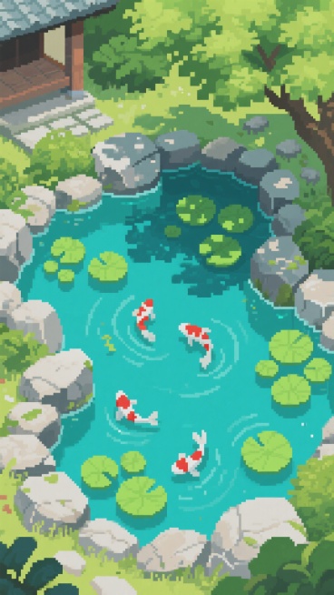 像素风格插画，夏日氛围的日式庭院池塘场景，画面以清晰可见的方形像素块构成，整体呈现细腻的像素质感。主色调为清凉的蓝绿色池水，搭配青绿色荷叶、深绿色树叶以及浅灰色岩石，色彩明快和谐。池塘中央漂浮着多片圆形荷叶，池中游动着数条红白相间的锦鲤，姿态自然灵动，水面泛起轻微波纹。四周环绕着大小不一、棱角分明的灰色岩石，岩石缝隙中生长着茂密的绿色植物，顶部有浓密的树叶形成天然的绿荫。整体构图饱满，采用俯瞰……预览效果