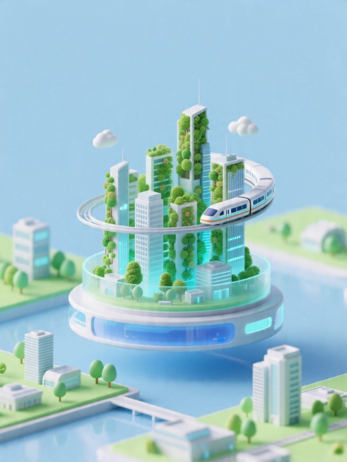 未来城市愿景主题软3D创意图像，画面中心悬浮着半透明全息城市沙盘，楼宇被垂直森林覆盖，空中有流线型磁悬浮列车，线条圆润柔和，整体构图简洁干净，浅蓝与清新绿色配色，层次分明，表达科技与自然融合的未来宜居预览效果