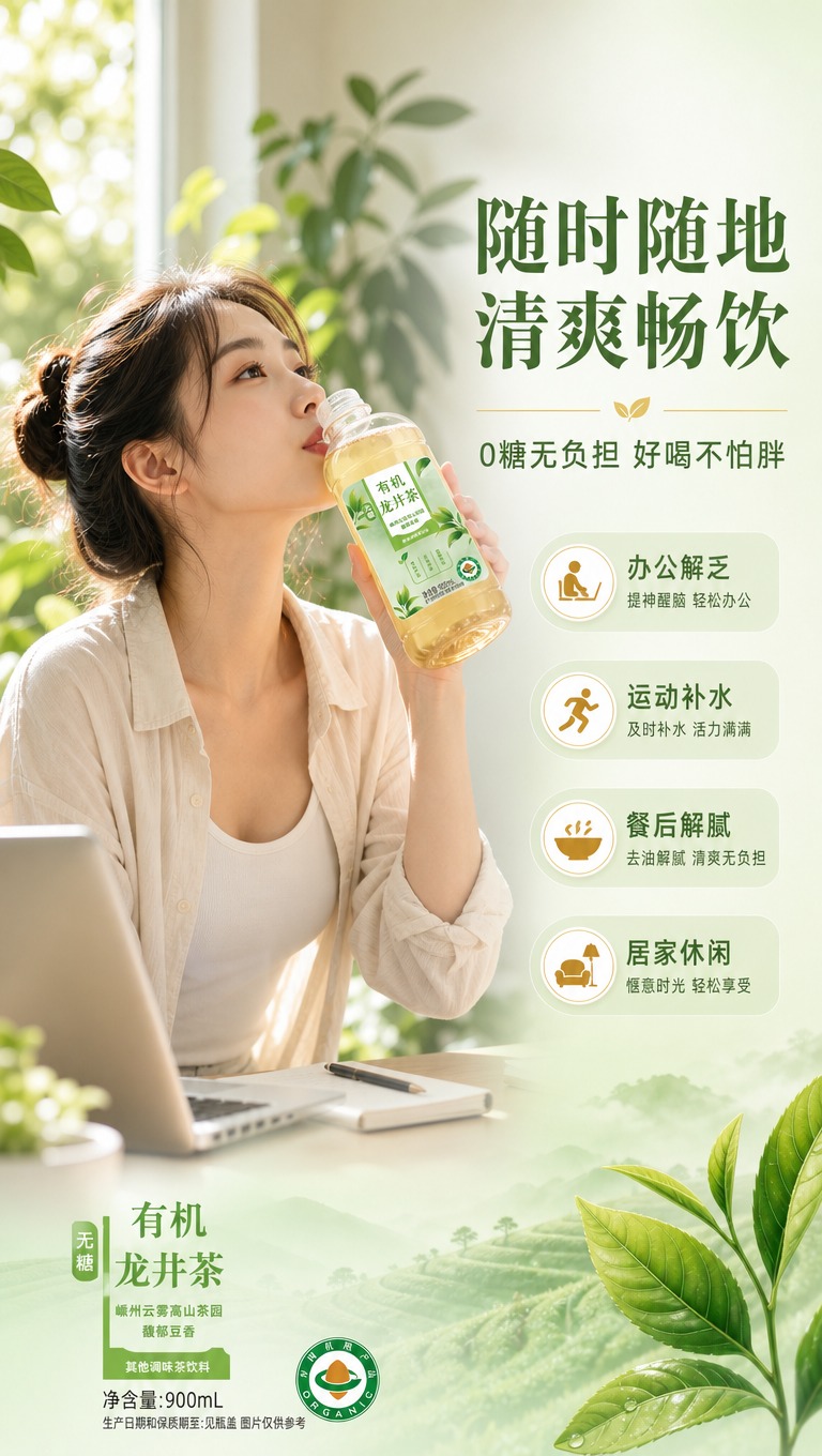 [商品] 使用【图1】有机龙井茶饮料瓶；保留瓶身全部标签文字、… - 图片创意预览