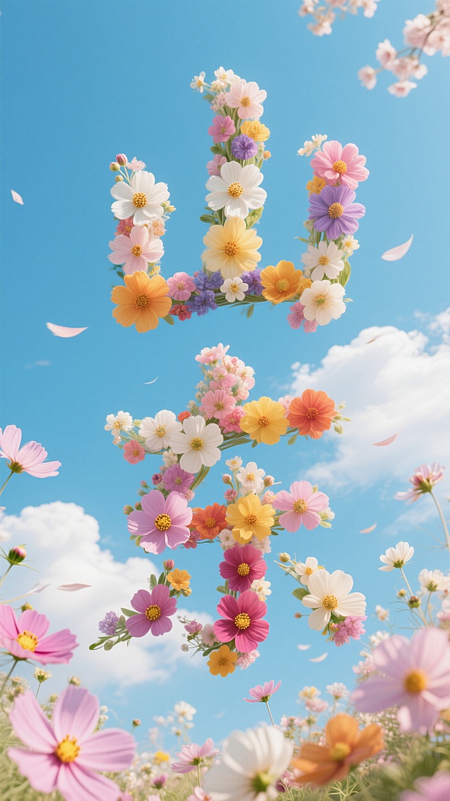 由鲜花构成的文字“山东”，蓝天白云，春天，天空透明干净