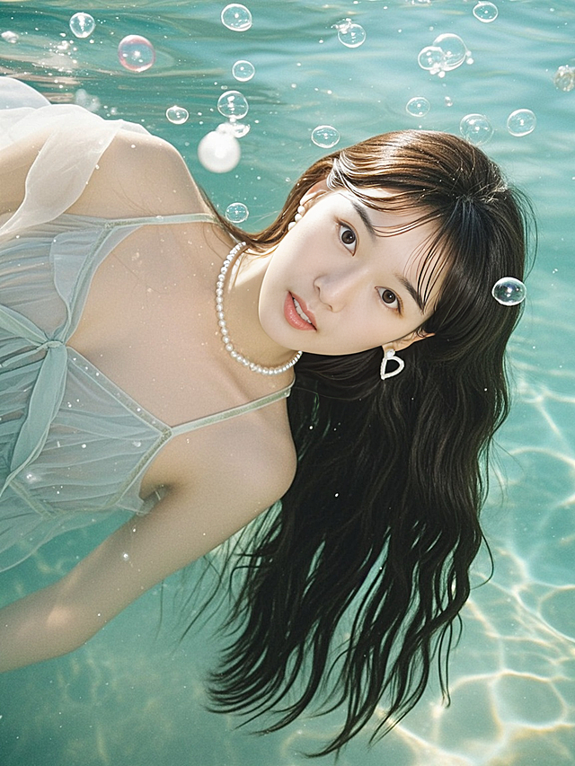 水下梦幻场景，清新唯美的少女，珍珠点缀，柔美浪漫，清透感十足。