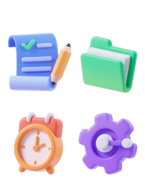 一组四个3D立体图标组成的系列素材集合，每个图标均采用光滑圆润的渐变塑料质感，高光与阴影对比鲜明，保持相同的C4D风格和统一的光影处理，规整地排布在纯色背景上。第一个图标为蓝色调的带勾选框的卷轴纸张与预览效果