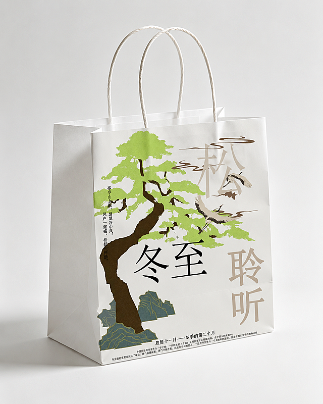 将图一的冬至松鹤中式图案应用到图二的空白手提袋上，作为手提袋的封面图案，保持手提袋本身的形态和材质不变