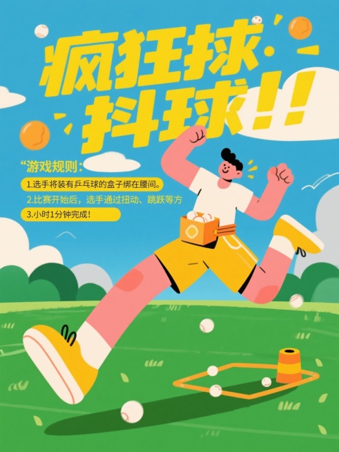 四张“疯狂抖球”游戏规则海报，扁平化风格，蓝天白云草地背景，画面中心是一个投壶的人物，内容：“•游戏规则：1.选手将装有乒乓球的盒子绑在腰间。2.比赛开始后，选手通过扭动、跳跃等方式抖动身体，让预览效果