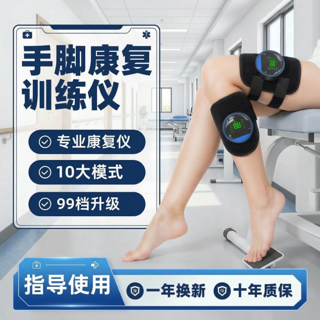 原图片内容保持：手脚康复训练仪产品外观完全不变，文字卖点内容完全不变（文字内容：手脚康复训练仪，专业康复仪，10大模式，99档升级，指导使用，一年换新，十年质保）。修改内容：更换肢体动作为坐姿腿部屈膝预览效果