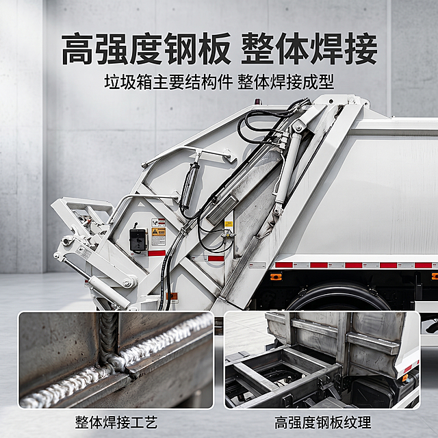[主图-4] 压缩式垃圾车高强度钢材工艺展示。[氛围风格] 工业风硬核材质特写风格。[画质] 商业摄影质感，材质纹理清晰，金属质感真实表现。[元素] 保持ZTY5182压缩式垃圾车整体外观和颜色与原图完全一致，主体展示垃圾箱焊接结构区域，下方叠加两个细节画中画，分别展示高强度钢板焊接纹理和整体车架结构。每个画中画带标题标注。主体占比约65%，保持产品结构真实，不修改原有设计。[光影] 大侧光突出钢板焊接纹理的质感，金属高光清晰，纹理凹凸表现自然，整体光影对比硬朗，突出结实耐用的特性。[配色] 白色车身，浅灰工业背景，深灰文字，保持统一工业风格配色。[视角构图] 主体中景平视，下方双细节画中画横排，满版构图，信息密度高但层次清楚。[文字版式] 顶部大字主标题「高强度钢板 整体焊接」，主标题下方卖点短句：「垃圾箱主要结构件 整体焊接成型」，下方两个画中画分别标注「整体焊接工艺」「高强度钢板纹理」，文字清晰对比强烈，不遮挡主体。[比例分辨率] 1:1比例，2k分辨率，文字清晰可辨，超高清。[负向提示词] 变形，水印，文字错乱，产品图模糊，背景杂乱，虚假结构，纹理失真。