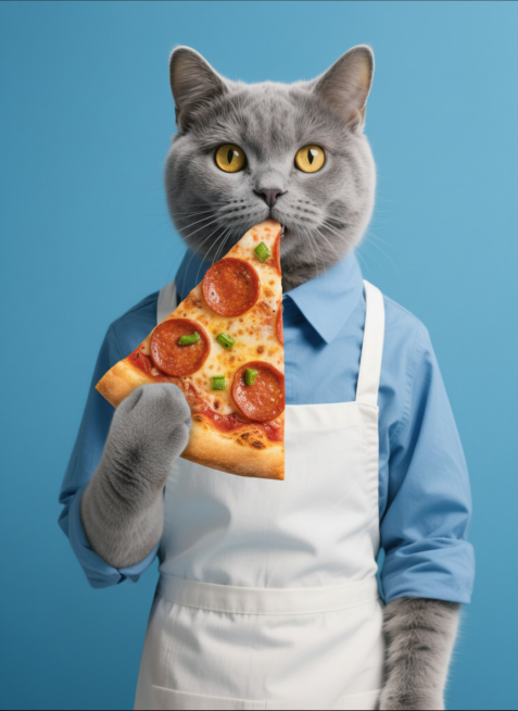 让图2的猫拿起一块图1的披萨，放在嘴边吃，看起来十分美味预览效果