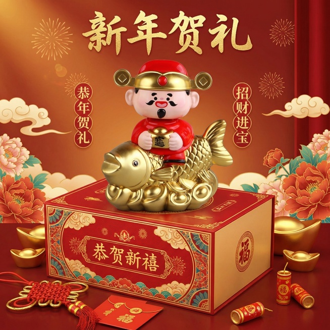 保持Q版国潮财神骑金锦鲤摆件主体不变，设计新年贺礼场景电商主图，搭配红色新年礼盒包装，喜庆红金氛围，突出节日送礼属性预览效果