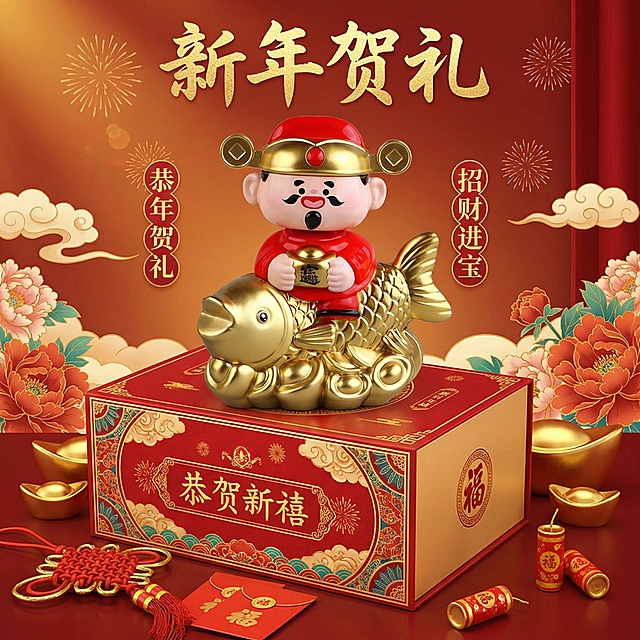 保持Q版国潮财神骑金锦鲤摆件主体不变，设计新年贺礼场景电商主图，搭配红色新年礼盒包装，喜庆红金氛围，突出节日送礼属性