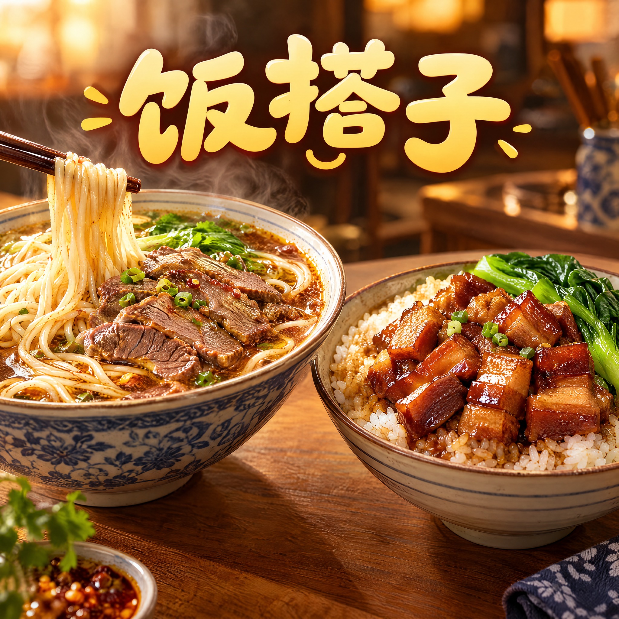 美食头像设计，店名"饭搭子"，画面中央展示诱人的面食和盖饭，左… - 图片创意预览