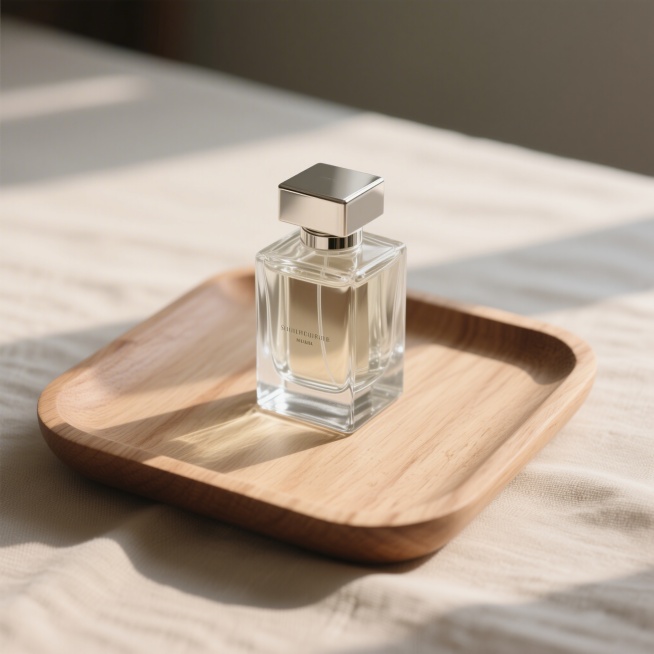 极简桌面场景香水商品图，透明方形玻璃瓶身，银色金属瓶盖，浅棕色木质托盘，米色亚麻桌布，柔和侧光，突出香水通透质感，高级感，商业摄影，8K分辨率预览效果