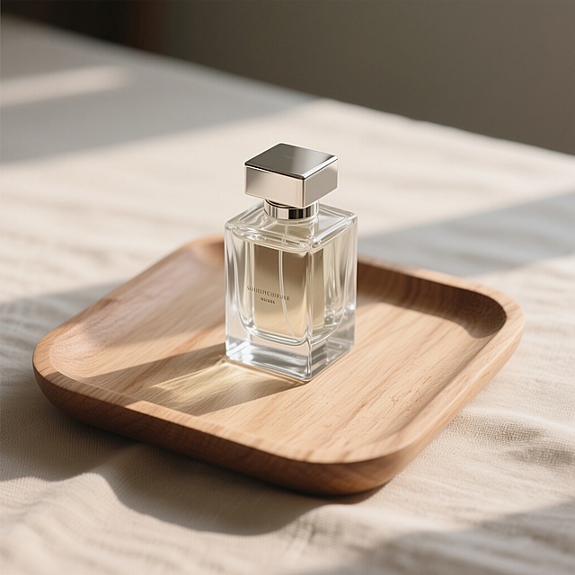 极简桌面场景香水商品图，透明方形玻璃瓶身，银色金属瓶盖，浅棕色木质托盘，米色亚麻桌布，柔和侧光，突出香水通透质感，高级感，商业摄影，8K分辨率