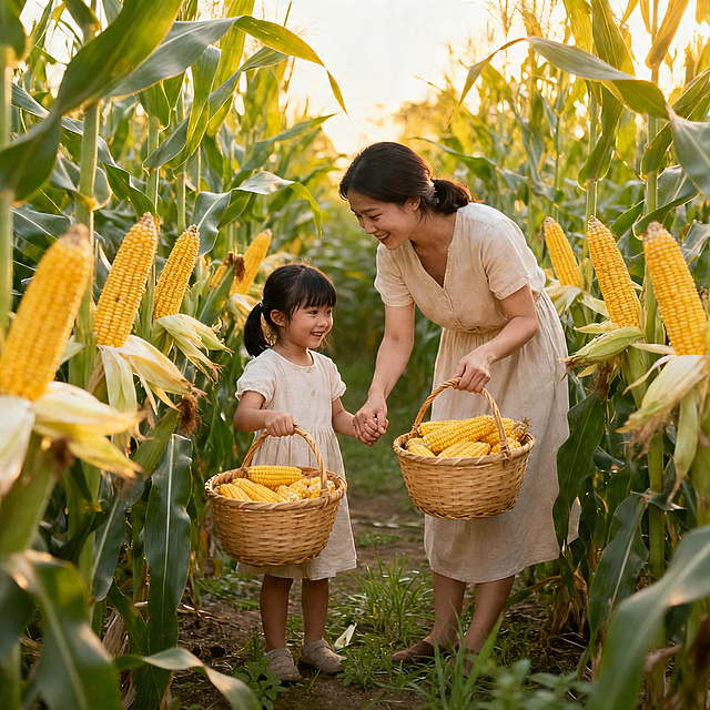 生态农场的大片水果玉米地，妈妈陪伴小女孩采摘成熟的水果玉米，两人一起提着装满玉米的篮子，互动温馨，画面自然清新，充满生机