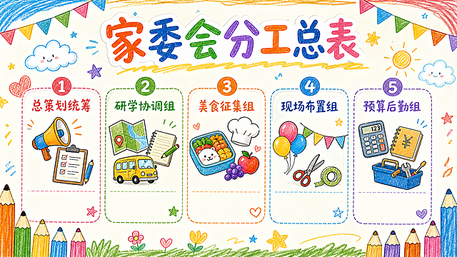 儿童手绘风PPT内页，标题是家委会分工总表，内容为总策划统筹、研学协调组、美食征集组、现场布置组、预算后勤组五个组别，配有对应卡通图标，卡通手绘，排版清晰活泼，适合小学活动