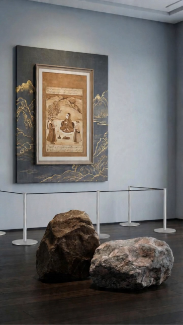 环绕运镜，慢慢放大，展示展厅中的这幅古画作品，运镜平滑自然预览效果