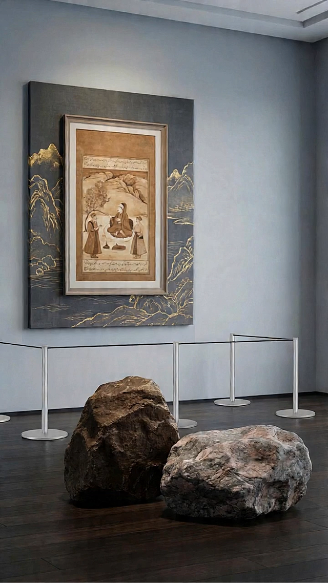 环绕运镜，慢慢放大，展示展厅中的这幅古画作品，运镜平滑自然