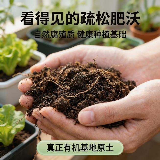 [主图 5] 应用场景展示，适用多种种植
[氛围风格] 自然生活化，真实应用场景，温馨治愈
[画面元素] 商业摄影质感、光线柔和通透、产品清晰真实、画面干净高级。双手捧着一把有机营养土，背景是已经种植预览效果