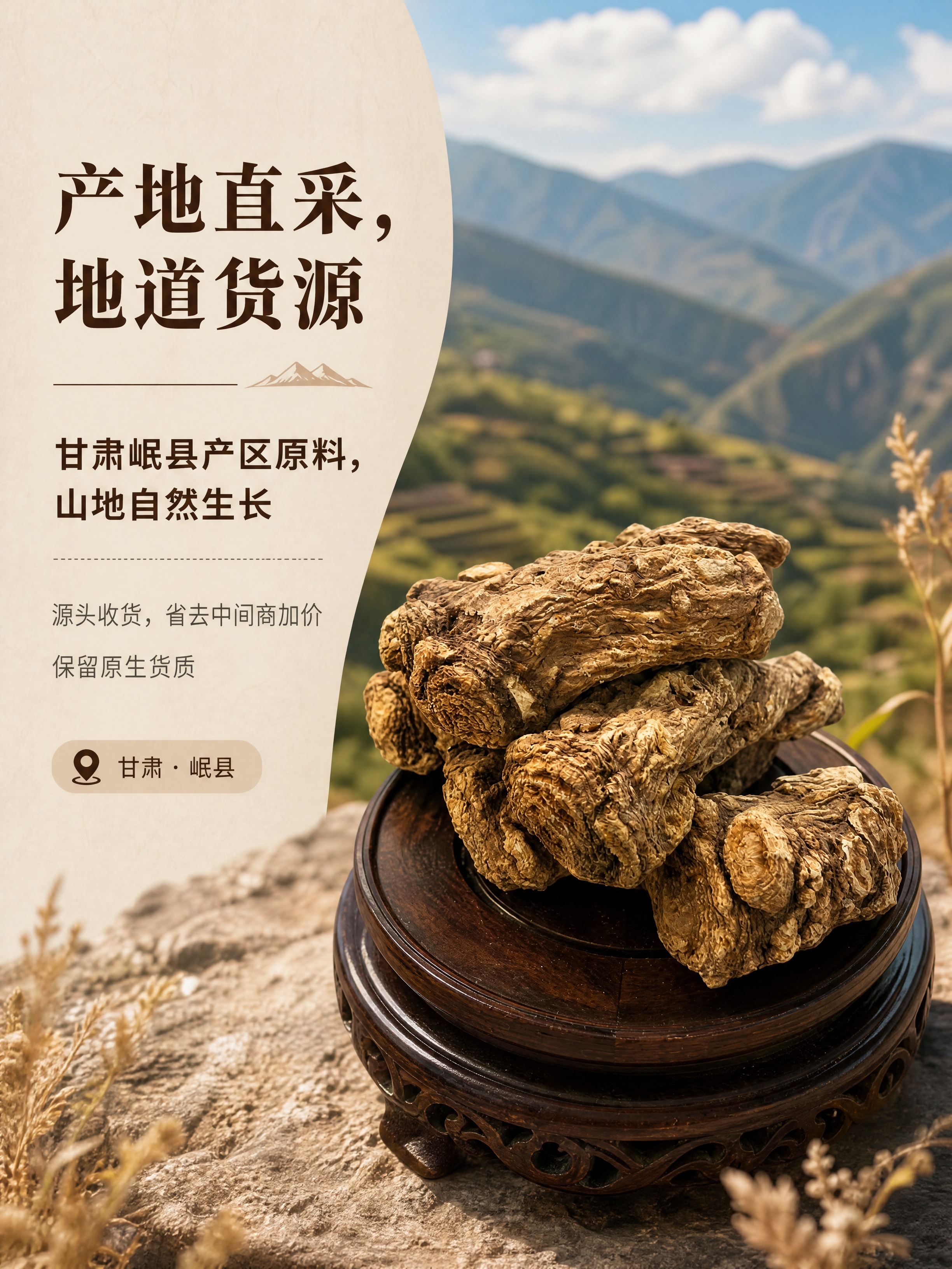 [商品] 使用【图3】甘肃岷县精品当归头，堆叠在深色木质底座上… - 图片创意预览