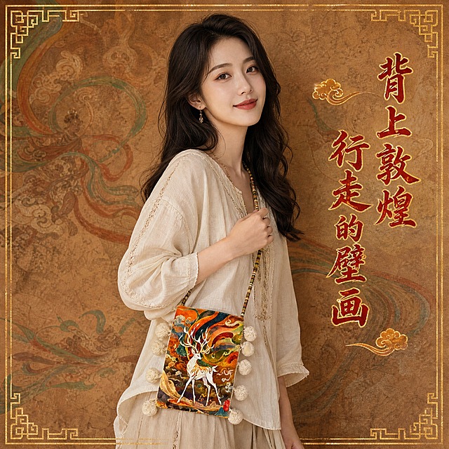 [主图-3] 敦煌元素手机包上身斜挎效果展示，年轻女性模特半身穿搭展示包包的实际佩戴效果与大小比例。
[统一基调] 国潮敦煌风，高级质感，文化氛围感；背景为敦煌土黄赭石渐变加沙漠岩彩肌理；标题字色朱砂红烫金描边；辅助字色深赭石；强调色石青石绿；国风书法体标题加宋体辅助文；敦煌回纹边框祥云纹样装饰。
[画面] 画面为年轻东方女性半身像（腰部以上），模特约25岁，气质温婉，黑色长发微卷，妆容精致淡雅。模特身穿米白色棉麻质感上衣，斜挎着敦煌九色鹿款手机包，包包位于身体右侧腰胯位置，肩带从左肩斜跨至右腰。包包正面九色鹿图案清晰可见，两侧毛绒球流苏自然垂坠。模特侧身45度，右手自然轻扶包包肩带，左手自然下垂，姿态优雅松弛。背景为敦煌风格的沙漠岩彩肌理墙，有淡淡的飞天飘带纹样装饰。画面右侧有竖排国风书法文字"背上敦煌 行走的壁画"。
[光影质感] 柔和自然光从左前方打来，人物面部光线均匀，包包图案色彩还原准确，布艺材质与毛绒球质感真实，整体呈现高级时尚人像摄影质感，国潮风格浓郁。
[配色] 人物服装米白色，包包橙黄九色鹿图案为主视觉，背景敦煌土黄赭石色调，整体温暖和谐。
[文字版式] 画面右侧竖排国风书法标题"背上敦煌 行走的壁画"朱砂红烫金效果；文字不遮挡人物和包包主体。
[输出要求] 1:1正方形，2K分辨率，人物面部清晰自然，包包图案清晰。负向：变形、错字、模糊、杂乱、水印、平台Logo、人物面部扭曲、手指畸形、包包穿模、包包图案错乱。