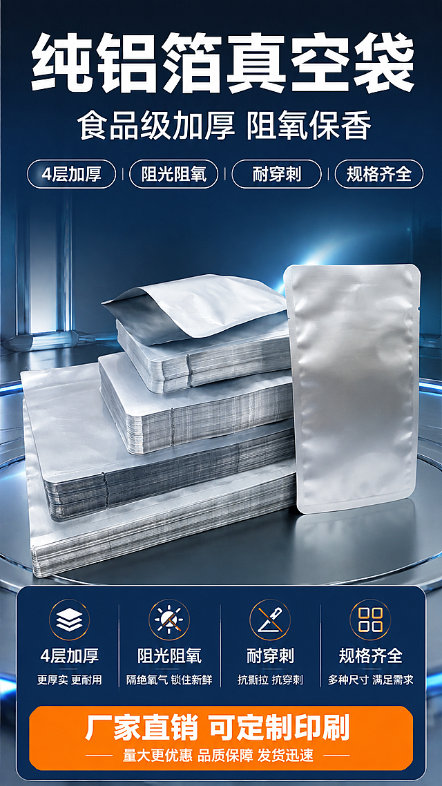 [商品] 使用【图2】银色纯铝箔真空袋多尺寸叠放产品图；保留铝箔袋银色金属质感、平整叠放形态、圆角边缘、热压封口线、撕口设计；增强铝箔表面金属光泽和质感，去除背景杂物，保持产品真实结构和比例不变。
[画面] 拼多多风格头图海报，目标突出食品级纯铝箔真空袋厂家直销的高性价比；上下构图，上方产品占画面60%居中展示多尺寸叠放铝箔袋，下方信息区占40%；产品悬浮于工业风背景中，有光效突出金属质感；阅读动线从上到下。
[视觉] 套系策略：风格=拼多多工业风高性价比商业海报；标题字=粗黑黑体大字；正文字=清晰黑体；主色=工业深蓝；背景延展=基于工业深蓝做渐变层次、金属反光质感和科技光效；强调色=亮橙色，仅用于小面积标签、图标和价格标；标题色=白色；正文色=浅灰白；组件=圆角信息卡、粗线分割、胶囊标签；光影=正面柔光+侧方金属轮廓光。
[文字] 顶部大主标题"纯铝箔真空袋"，副标题"食品级加厚 阻氧保香"，下方4个短卖点胶囊标签："4层加厚"、"阻光阻氧"、"耐穿刺"、"规格齐全"，底部橙色标签"厂家直销 可定制印刷"；所有文字横排，不遮挡产品主体。
[规格] 图片比例9:16竖版，4K分辨率，避免变形、错字、文字过小、冷灰背景、产品颜色改变、材质失真、极限词。