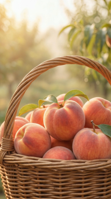 Slow, gentle dolly-in towards the basket of fresh peaches. The light subtly shimmers across the velv预览效果