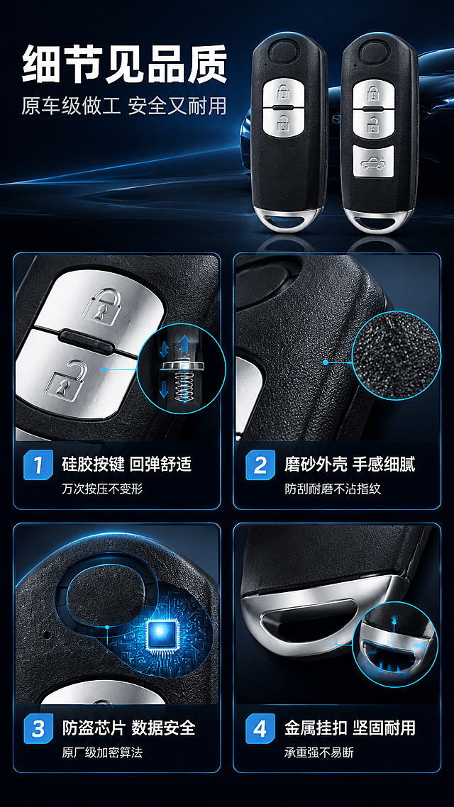 [商品] 使用【图1】马自达智能遥控钥匙两款；保留黑色磨砂外壳、银色按键面板、顶部圆形感应区、底部银色挂扣、按键图标和整体比例；做局部微距放大展示细节，不改变结构和颜色。
[画面] 目标：第7张细节展示+安全耐用，多细节宫格型，展示钥匙做工品质和安全机制。4宫格布局，每格一个细节特写：①按键微距（金属质感+回弹结构示意）；②磨砂外壳纹理微距；③顶部感应区+内部芯片示意；④底部挂扣强度示意。每格配短标签说明。背景为深黑蓝，每个细节格带深色边框。
[视觉] 套系策略：风格=深色科技汽车用品商业摄影；标题字=粗黑无衬线黑体；正文字=简洁无衬线中黑体；主色=深炭黑+深空蓝；背景延展=基于深炭黑/深空蓝做渐变层级、微弱科技光纹；强调色=冰蓝色+金属银，仅用于细节引线、标签高光；标题色=纯白；正文色=浅银灰；组件=圆角深色细节框、冰蓝细线引线+标签、微距放大圈；光影=侧光突出材质纹理，微距细节清晰。
[文字] 顶部主标题：「细节见品质」，副标题：「原车级做工 安全又耐用」。4个细节标签：①「硅胶按键 回弹舒适」——万次按压不变形；②「磨砂外壳 手感细腻」——防刮耐磨不沾指纹；③「防盗芯片 数据安全」——原厂级加密算法；④「金属挂扣 坚固耐用」——承重强不易断。文字全部横排。
[规格] 图片比例9:16竖版，4K分辨率，避免钥匙变形、错字、虚构认证、出现极限词。