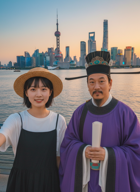 帮图1女生生成一张和图2人物在上海外滩的自拍合照，图2的人物要真实服装不变，图片要求真实感强，细节丰富，一张非常真实的合照预览效果