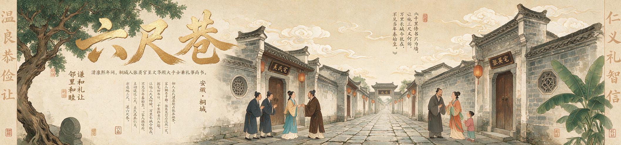 六尺巷主题宣传墙插画设计，超宽幅横版构图，中国风国潮插画风格。… - 图片创意预览