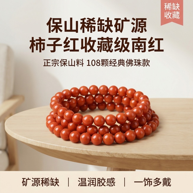 [主图1：场景首图]保山柿子红108颗南红佛珠手串项链，产品居中展示。舒适简约家居治愈风格，浅原木色木质桌面，背景是米白色柔和墙面，暖柔自然光漫射，整体氛围干净松弛，高级质感。主体柿子红南红佛珠绕成多预览效果