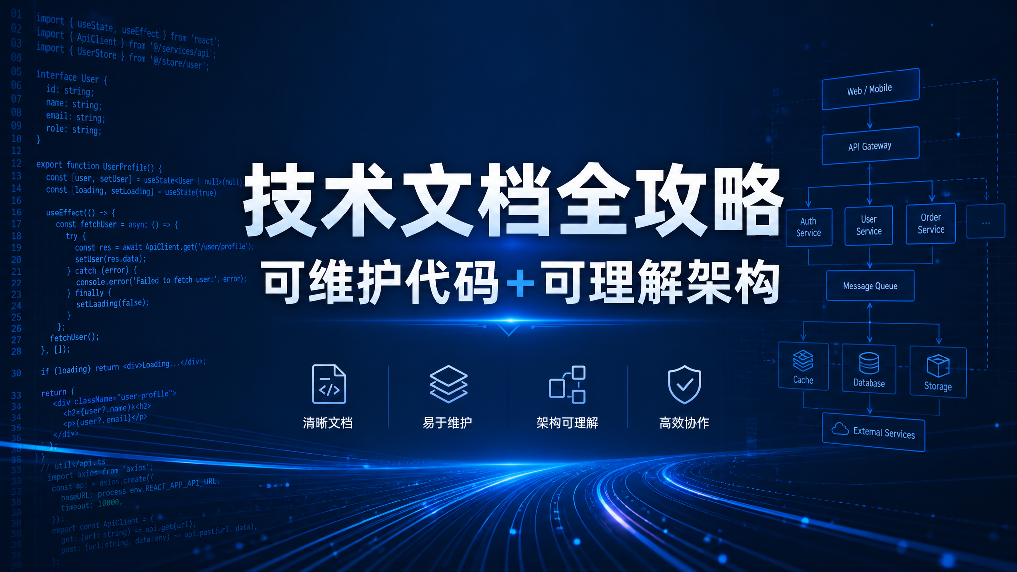 技术课程封面，主题为“技术文档全攻略 可维护代码+可理解架构”… - 图片创意预览