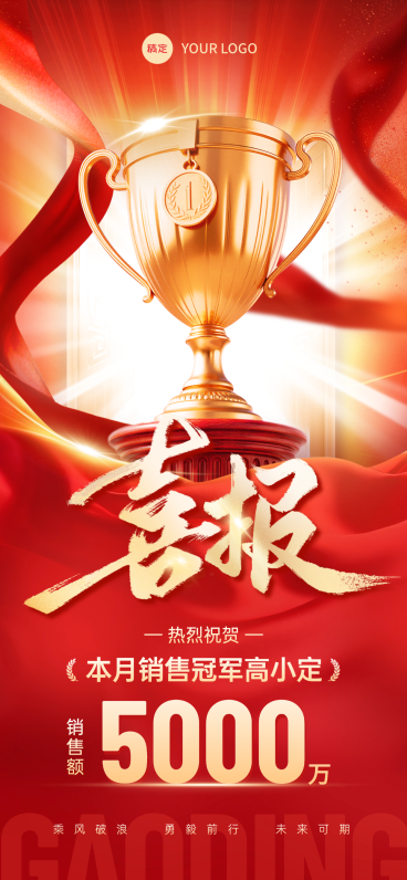企业销售业绩喜报表彰红金喜庆感全屏竖版海报预览效果
