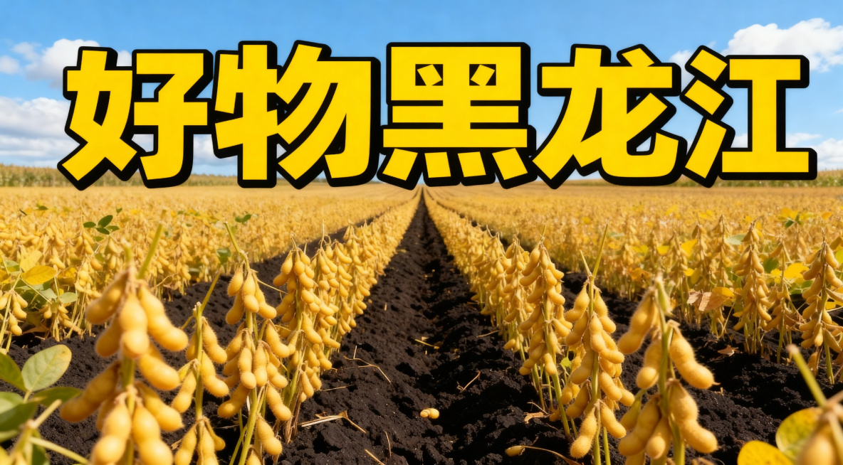 修改图片文字内容，将原文字替换为四个大字“好物黑龙江”，保留原字体和黄色描黑边的样式，字需要更大一些，保持原来的大豆田野蓝天白云背景不变，不改变其他内容预览效果