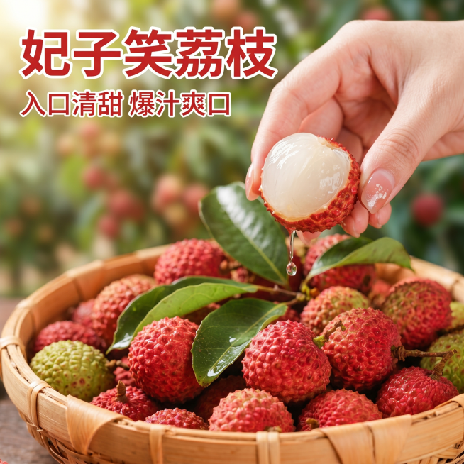 [主图 1] 妃子笑荔枝新鲜采摘首图，爆汁展示。
[氛围风格] 新鲜自然高品质果园采摘风，食欲感满满；
[画质] 商业摄影质感、光线柔和通透、产品清晰真实、画面干净高级，超高清。
[元素] 剥开的妃子预览效果