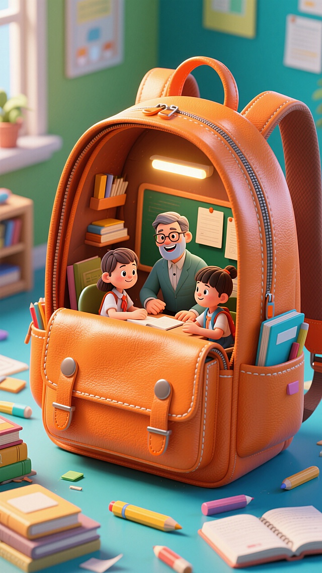 3D卡通风格，微缩艺术展现书包内的温馨课堂，可爱师生互动，充满童趣与创意。
