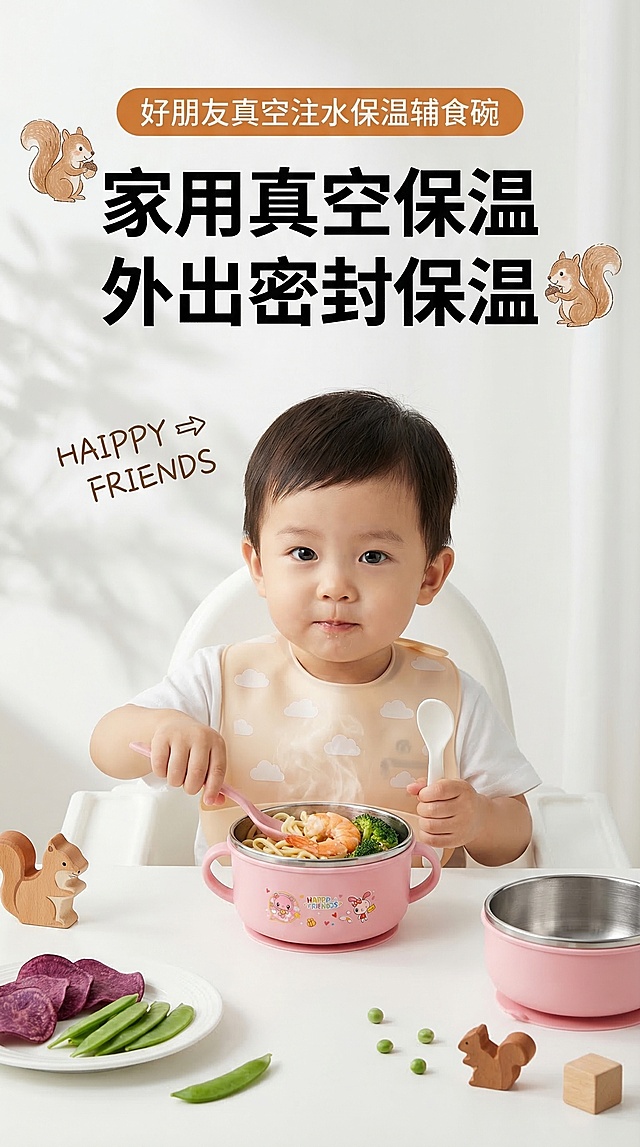 8K 超高清细腻画质，高端母婴商业摄影风格，温馨治愈明亮的母婴产品宣传风，光影均匀柔和，无过曝无暗部死黑，画面干净通透。严格还原上传产品图中的粉色辅食碗：双把手设计，印有"HAIPPY FRIENDS"品牌标识，搭配粉色勺子，不带盖造型，带硅胶防滑底座，保持产品哑光不锈钢质感与食品级硅胶的柔和亲肤质感，产品比例真实还原。画面中下部为1-2岁可爱东亚男宝宝，身穿纯白色短袖T恤，佩戴半透明浅杏色云朵图案围兜，坐在白色儿童餐椅上，左手握持配套白色辅食勺，右手拿着产品图中的粉色勺子正在进食意面，动作自然生动，表情乖巧正视镜头，宝宝与产品的大小比例符合真实物理空间，无突兀感。前景为纯白色哑光桌面，桌面居中摆放核心辅食碗，碗内装有虾仁、意面、西兰花等带热气的辅食，右侧摆放同款不带盖辅食碗，左侧摆放装有紫薯片、荷兰豆的白色餐盘，桌面散落松鼠造型木质小玩具、豌豆粒、小木块，产品位于画面视觉焦点，清晰突出。文字排版：画面顶部居中设置橙色圆角矩形通栏，通栏内居中对齐白色粗体无衬线文字"好朋友真空注水保温辅食碗"；通栏正下方、画面上半部分居中设置两行超大号加粗无衬线黑色主标题，第一行文字"家用真空保温"，第二行文字"外出密封保温"，行间距均匀，字体醒目，主标题的左上角和右上角分别搭配手绘卡通小松鼠装饰图案，与文字风格统一；主标题左下方、宝宝左上方的空白区域，设置两行棕色手写体文字，第一行"HAIPPY"末尾搭配向右的手绘箭头，第二行"FRIENDS"，文字排版自然活泼；所有文字层级清晰，不遮挡产品与宝宝主体，预留的文字位置与参考排版图一致。整体色彩以暖白色为基底，搭配暖橙棕、奶白色的柔和治愈配色，采用明亮柔和的窗边自然光漫射，背景墙面带有轻微的树叶光影纹理，背景为纯白色哑光极简墙面，无多余杂乱元素，最大化突出宝宝与产品主体，整体氛围温馨干净，符合母婴产品的安全治愈调性，整体排版精致如高端母婴杂志。