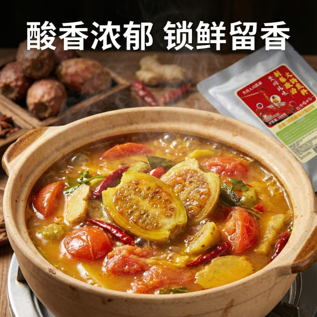 这张图片是产品主体这款产品是美芡·贵州刺梨酸汤火锅底料 我需要设计20张主图在拼多多上面售卖  这一袋的克重主要是105g 主图场景布局火锅元素  多增加一些贵州火锅底料细节图 还有火锅底料相关的元素预览效果