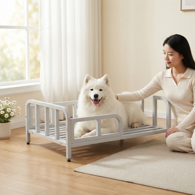 浅灰色金属框架狗床，保持原产品物理结构绝对不变，床下面没有轮子，床腿没有额外东西，床上没有床垫。产品主体不变形不扭曲。
三分法构图，主体占画面70%，平稳放置在原木温馨客厅的木地板上，有清晰接触阴影，预览效果