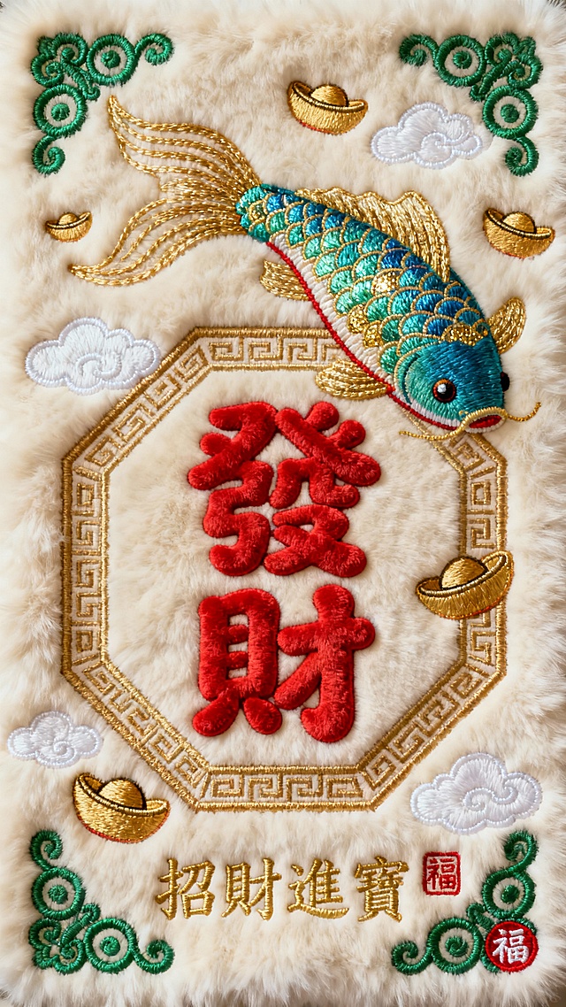 以发财为主题的毛绒刺绣风格图案，整体采用米白色毛绒底布，主体为一条色彩鲜艳的锦鲤鱼（非蟾蜍），鱼鳞呈现蓝绿渐变并点缀金色光泽，鱼鳍和鱼尾为飘逸的金色绣线，周围环绕着多个金色元宝和白色祥云刺绣图案。画面中央是一个金色回纹边框的八角形区域，内部用红色立体刺绣着圆润可爱的繁体“發財”二字（非毛笔字），字体饱满柔和。四角装饰有绿色卷草纹刺绣，底部绣有金色繁体“招財進寶”字样，角落点缀红色“福”字印章。整体色彩以红、金、绿为主色调，通过精致的刺绣工艺在毛绒底布上形成丰富的纹理层次，视觉层级清晰，核心“發財”字样最为突出，符合传统吉祥图案的审美，能高效传达招财纳福的美好寓意，充满节日喜庆氛围。