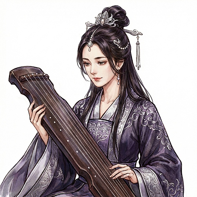 图片的比例、大小、绘画风格不变，物的服饰、发型、动作贴近金庸武侠小说中笑傲江湖的任盈盈，抱着琴，人物的五官和表情贴近女明星杨幂