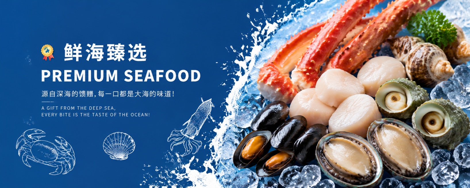 海鲜横幅电商banner，整体深蓝色渐变背景，左侧是白色手绘海鲜线稿装饰和中英文标题文案，右侧铺满冰块保鲜的多种新鲜海鲜，带飞溅水花效果，风格清爽干净，商业摄影质感。
主体：生成全新的海鲜组合场景，参预览效果