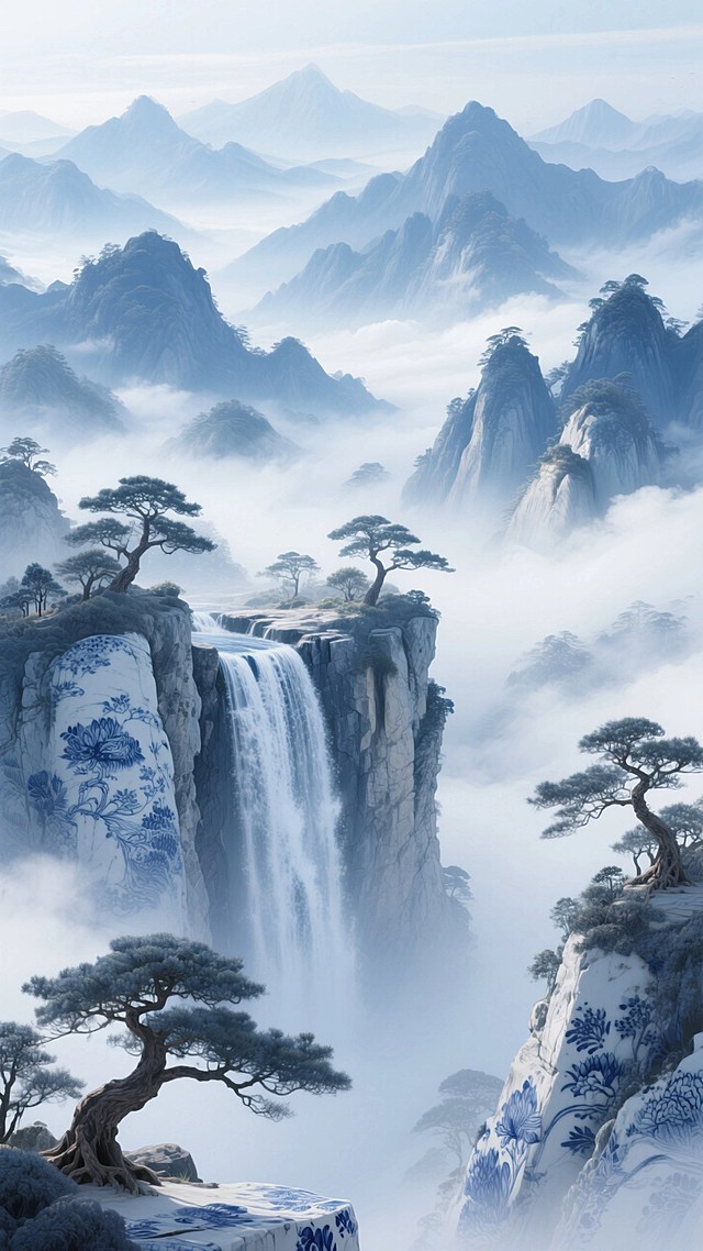 中国传统青花瓷绘风格山水意境，以钴蓝与白为主色调，画面有层峦叠嶂的群山，山间云雾，瀑布从岩崖倾泻而下，点缀古树，笔触细腻仿传统瓷绘