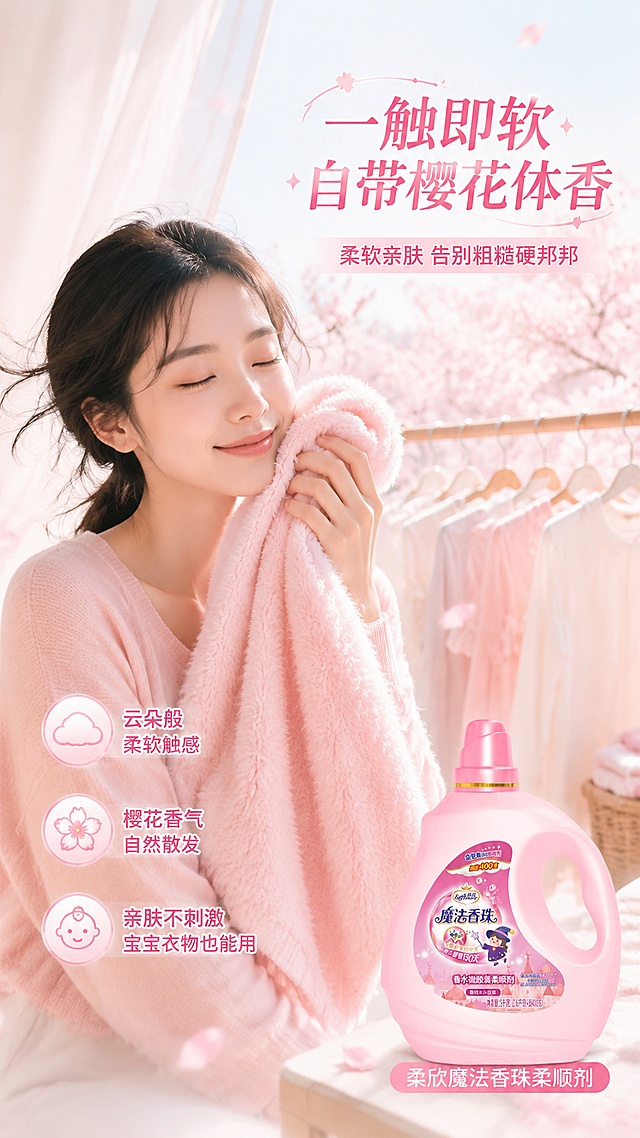 [第4屏] 真人效果-柔软衣物触感+香氛氛围展示。本屏使用【图1】作为产品展示，保持外观一致。
[氛围/风格] 温馨居家风，柔和自然光，生活场景感，商业摄影质感。
[元素布局] 画面左侧为亚洲女性半身特写，闭眼微笑，手抚柔软蓬松的粉色毛衣，发丝轻盈，表现衣物柔软与香氛愉悦感；右侧下方放置柔顺剂产品瓶，占比约25%；背景为明亮的居家阳台场景，白色纱帘飘动，阳光洒落，晾衣架上挂着整洁的衣物，樱花花瓣点缀。
[光影质感] 自然侧逆光，柔和温暖，人物肌肤通透，衣物纤维质感清晰，整体明亮温馨。
[配色色系] 全局底色 #FFF5F8 暖粉白；主色柔粉 #FFC2D1；辅助色白色、米白、浅木色、阳光金色。
[视角构图] 人物左、产品右下，阅读动线左上人物 → 中部衣物 → 右下产品。
[文字版式] 右上主标题「一触即软 自带樱花体香」，副标题「柔软亲肤 告别粗糙硬邦邦」；人物旁标注3个效果点：「云朵般柔软触感」「樱花香气自然散发」「亲肤不刺激 宝宝衣物也能用」；产品旁标注「柔欣魔法香珠柔顺剂」；文字柔美清晰，不遮挡人物面部。
[比例分辨率] 9:16 竖版比例，4K分辨率，文字清晰可辨，高清画质。
[负向提示词] 人物变形，产品变形，面部模糊，水印，文字错乱，颜色偏差。