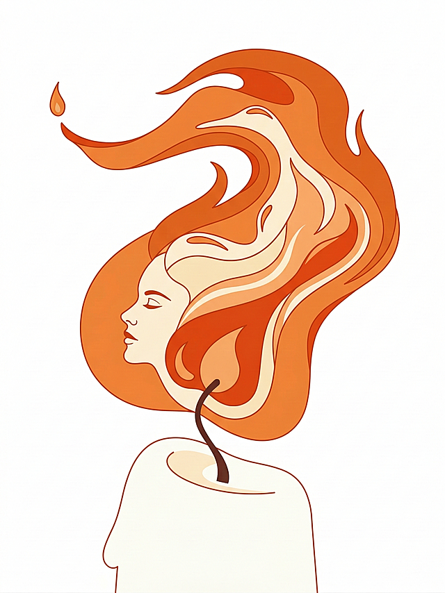 生成与原图风格相似的插画：一位女性侧脸轮廓，头发如火焰般流动，橙色与米白渐变配色，线条简洁流畅，具有抽象艺术感，背景纯白