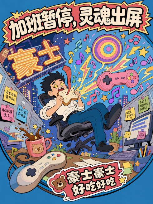 参考图中美式复古卡通贴纸风格，潮玩插画，可爱怪诞，扁平矢量，纯色背景，不要写实不要光影细节。鱼眼镜头透视，球形畸变，画面中心是一个穿衬衫打领带的上班族和人体工学椅一起漂浮，身体倾斜15度，椅子歪斜，手预览效果