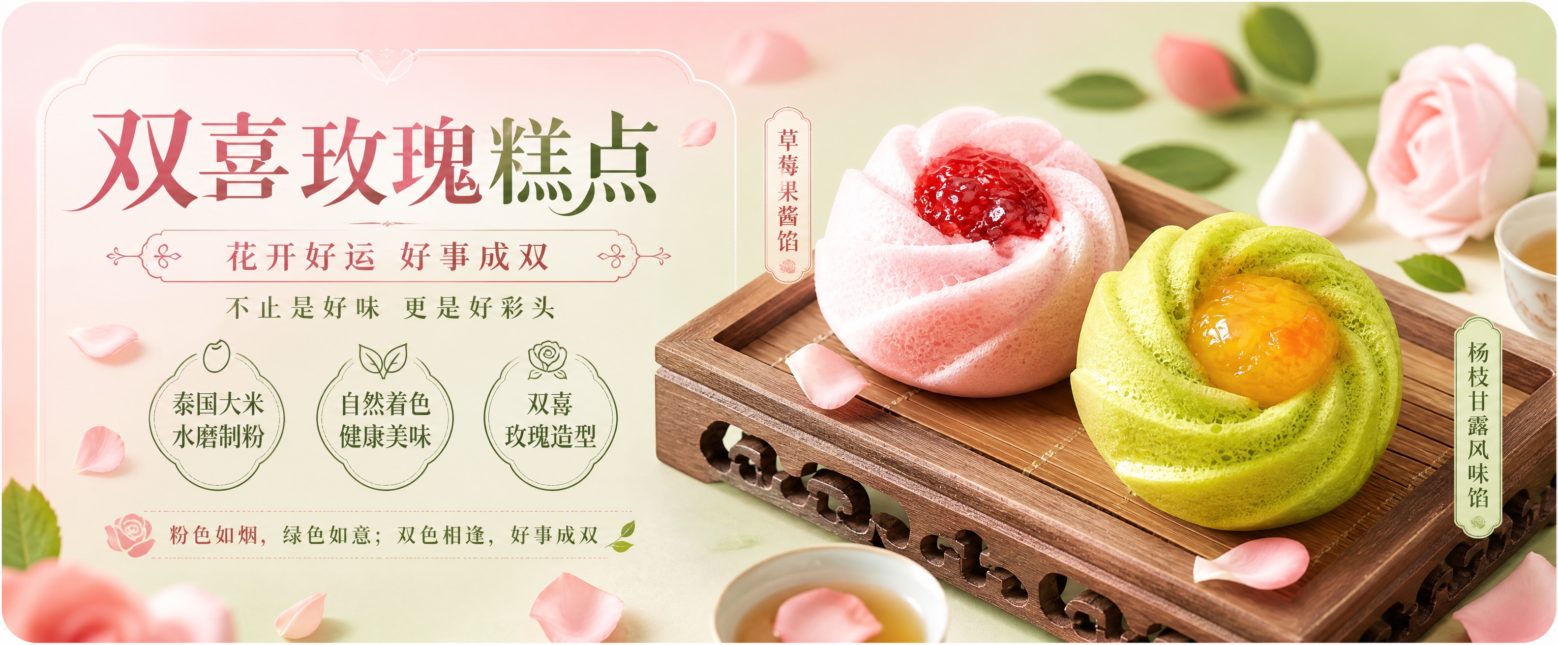 参考图1的版式骨架与氛围风格，将产品替换为图2和图3中的双喜玫… - 图片创意预览
