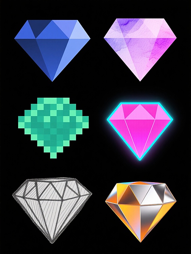 六个不同风格的钻石系列素材集合，规整排布在纯色背景上。每个钻石保持基本钻石形态但造型各异：1. 极简几何风格，棱角分明的深蓝色钻石，高对比度阴影，扁平设计；2. 水彩晕染风格，柔和粉紫色钻石，边缘模糊渐变，半透明质感；3. 像素艺术风格，8-bit复古绿色钻石，方块组成的表面，低分辨率效果；4. 霓虹赛博朋克风格，亮粉色钻石，边缘有蓝色霓虹光效，黑色背景；5. 手绘素描风格，铅笔线条勾勒的灰色钻石，带有交叉阴影排线；6. 渐变金属风格，橙黄色到银色渐变的钻石，带有强烈反光和高光。所有钻石元素内容保持为钻石，色彩和造型各不相同，整体布局整齐有序，每个风格的钻石独立呈现。