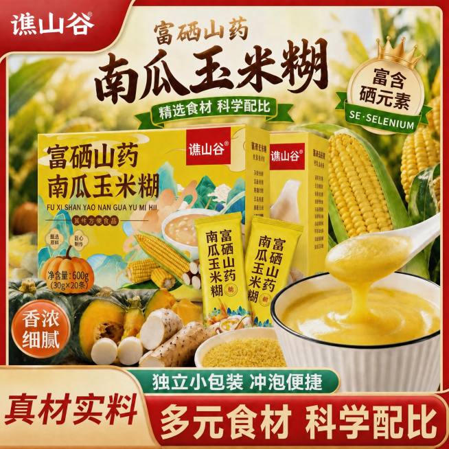 将图片中两个小独立包装上的文字“富瓜玉米糊”改成“南瓜玉米糊”，修正错别字，保留其他所有设计和内容不变预览效果